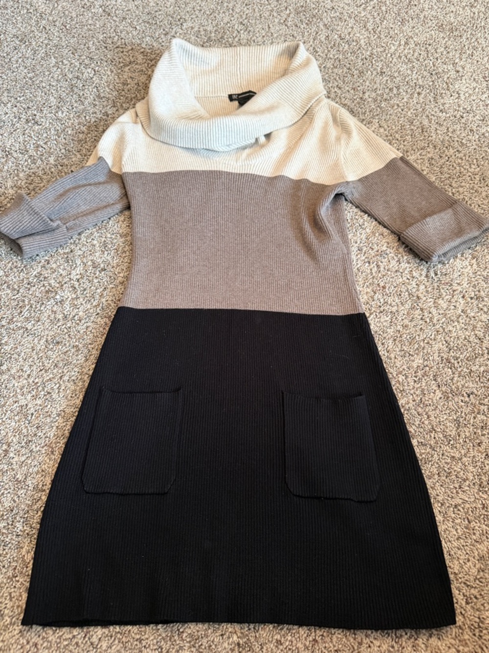 Colorblock Cowl Neck Sweater Dress - Black, Taupe & Cream